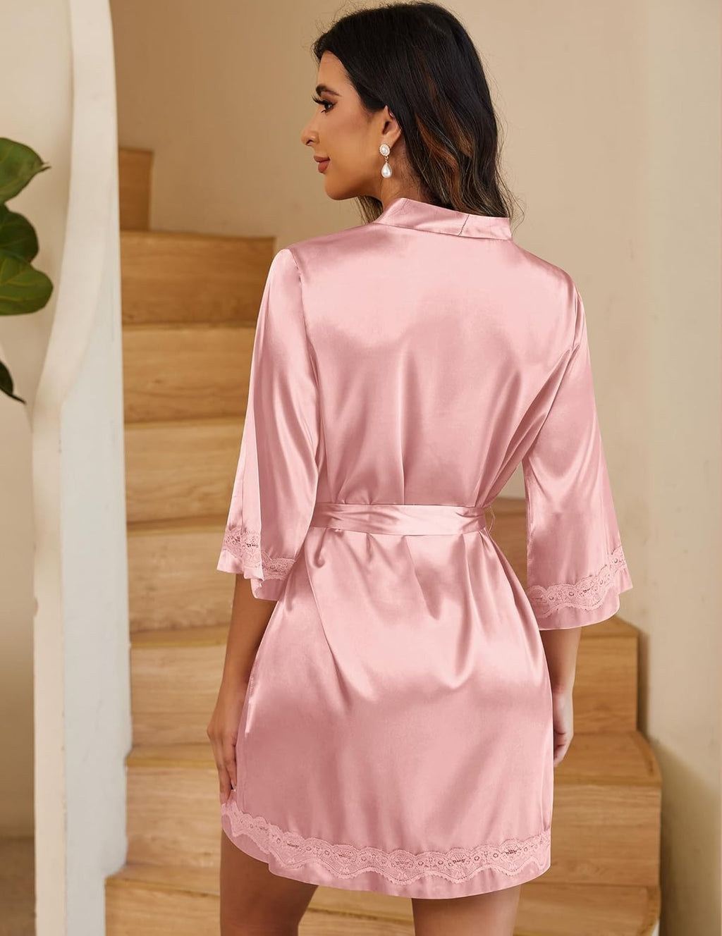 3/4 Sleeve Lace-Trim Satin Robe (US Only)