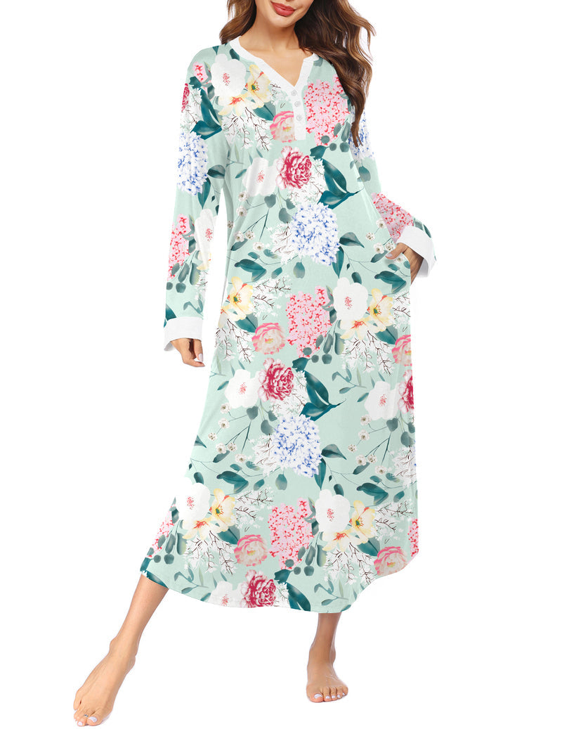 Button V Neck Nightshirt Full Length Sleepshirt with Pockets