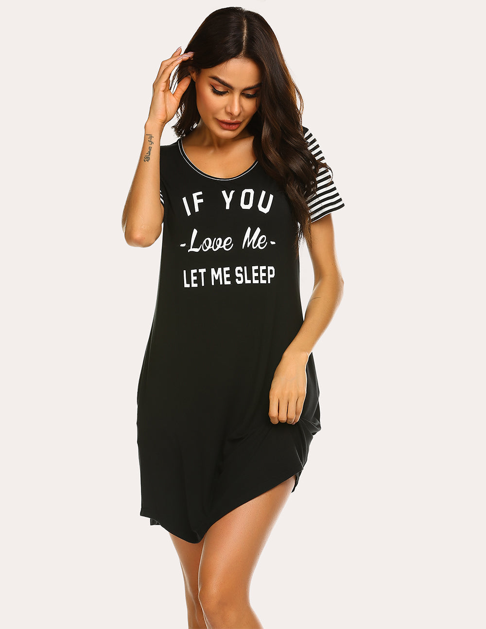 Striped Short Sleeve Printed Nightdress (US Only)