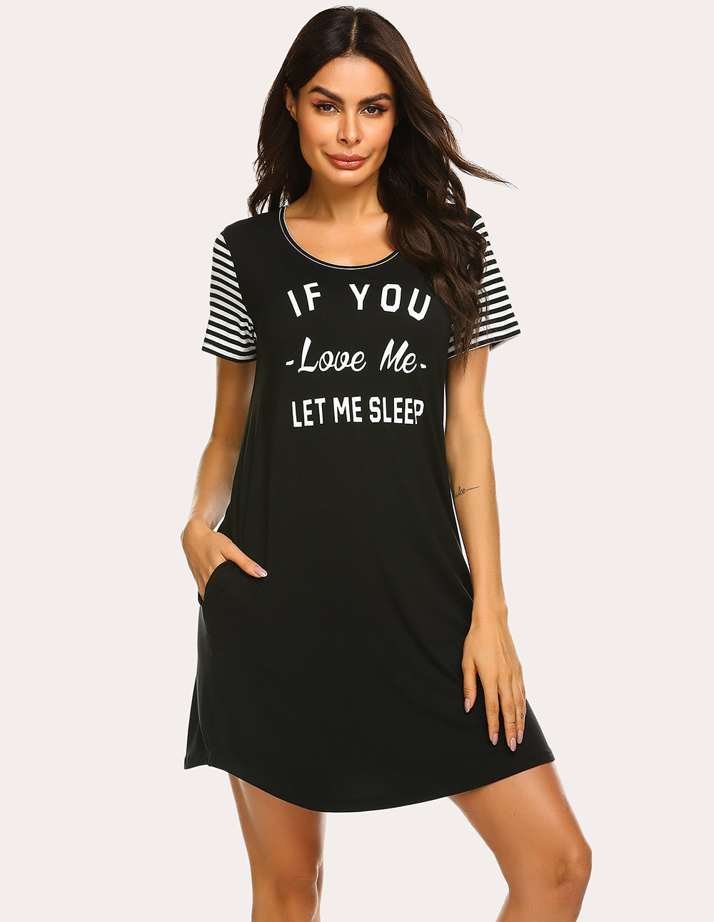 Striped Short Sleeve Printed Nightdress (US Only)