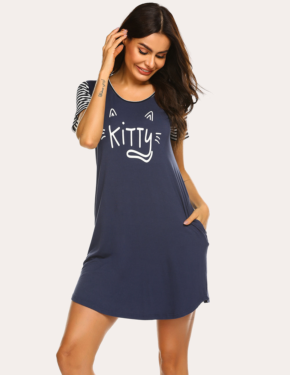 Striped Short Sleeve Printed Nightdress (US Only)