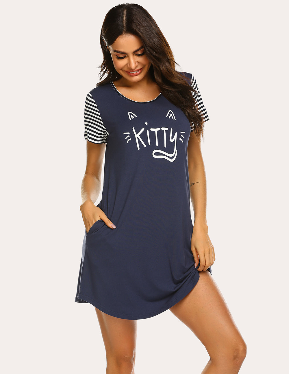 Striped Short Sleeve Printed Nightdress (US Only)