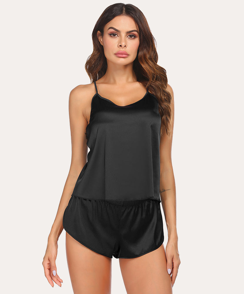 Teddy Teddy Satin Sleeveless Camis Top Shorts Set (US Only)