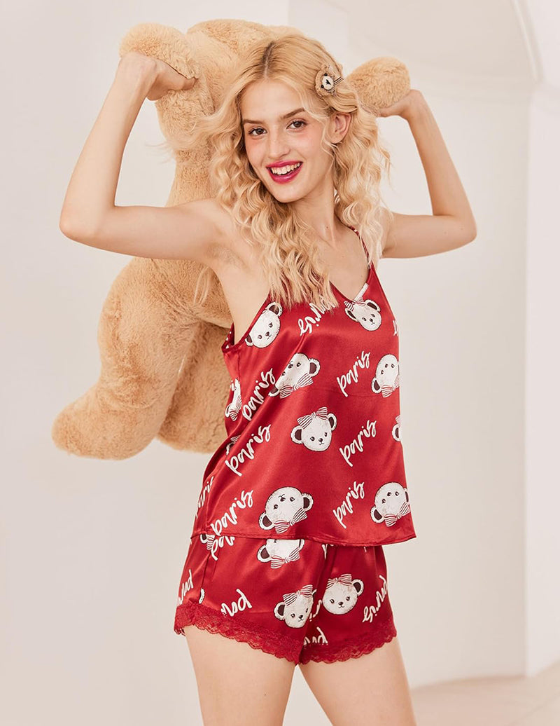 Satin Pajamas Lace Cami Shorts Set
