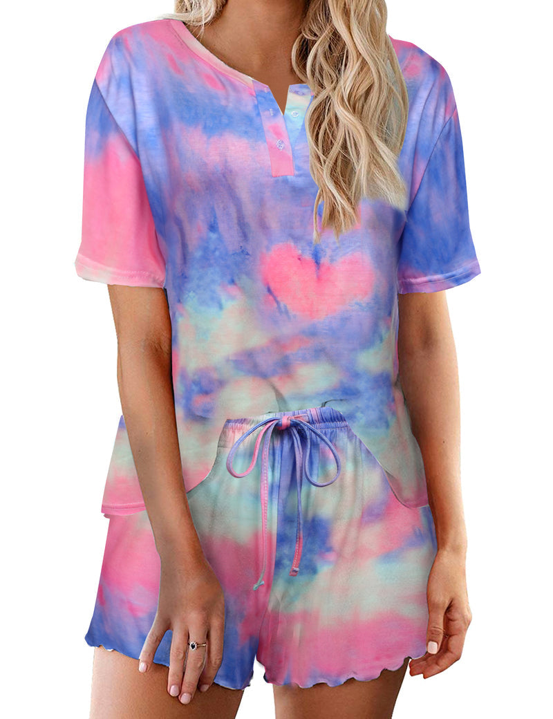 Tie Dye Pajamas Set for Women Short Sleeve Lounge Set