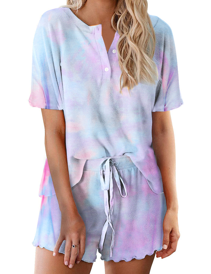 Tie Dye Pajamas Set for Women Short Sleeve Lounge Set