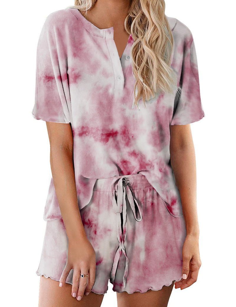 Tie Dye Pajamas Set for Women Short Sleeve Lounge Set