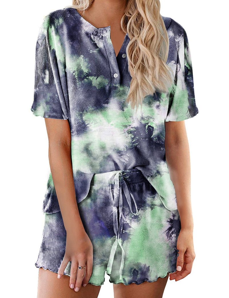 Tie Dye Pajamas Set for Women Short Sleeve Lounge Set