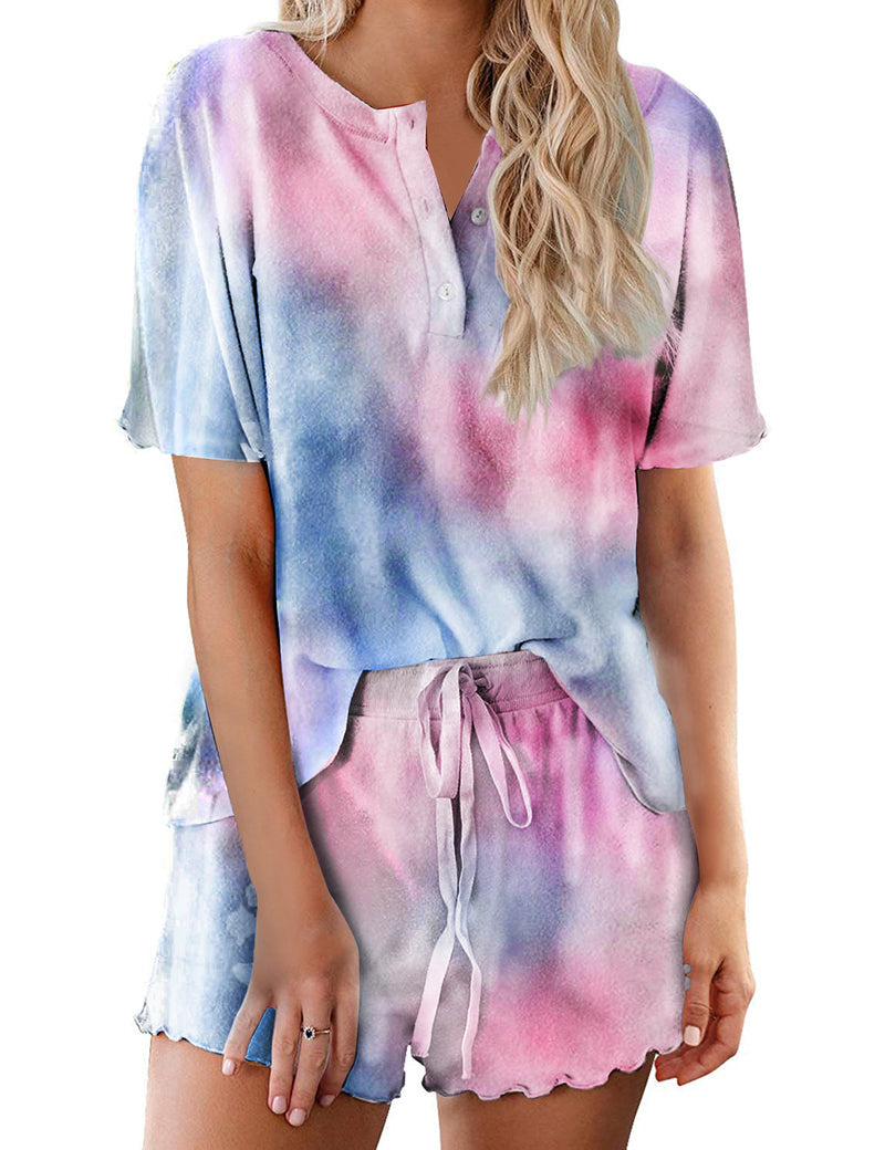 Tie Dye Pajamas Set for Women Short Sleeve Lounge Set