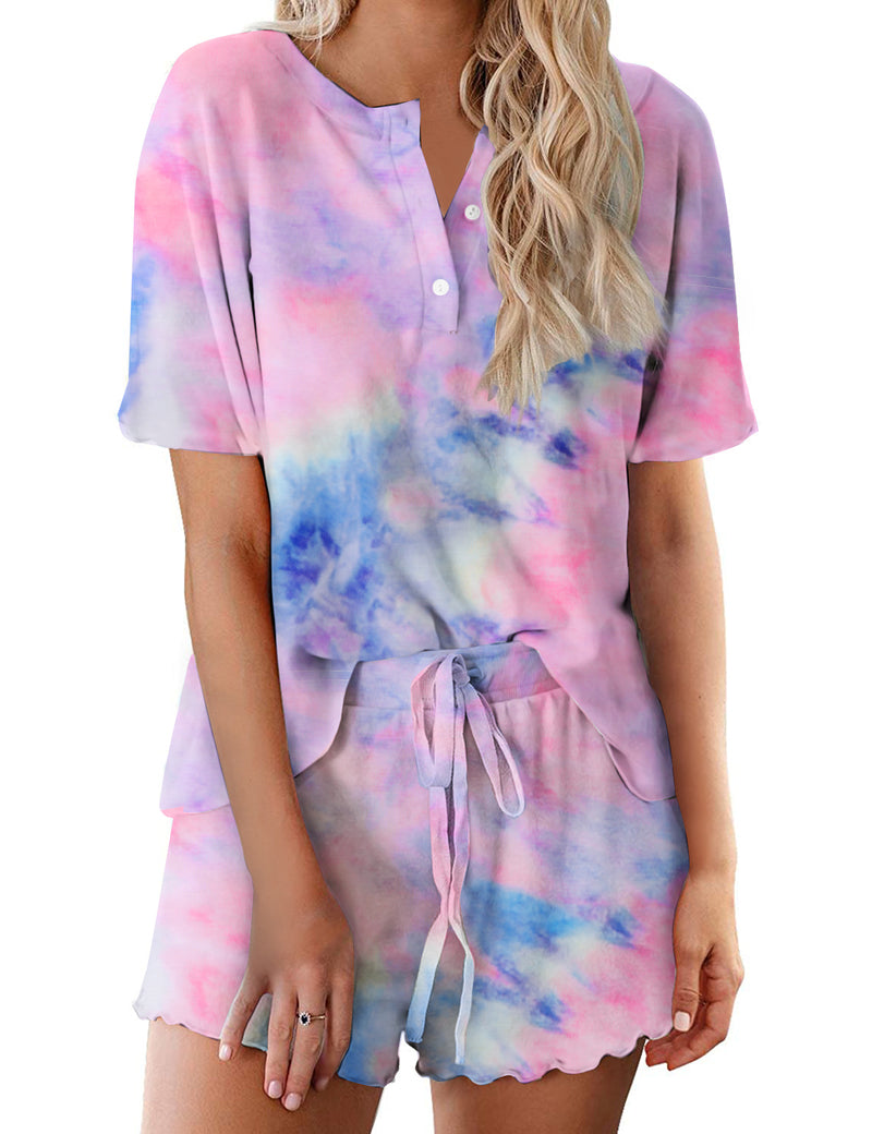 Tie Dye Pajamas Set for Women Short Sleeve Lounge Set