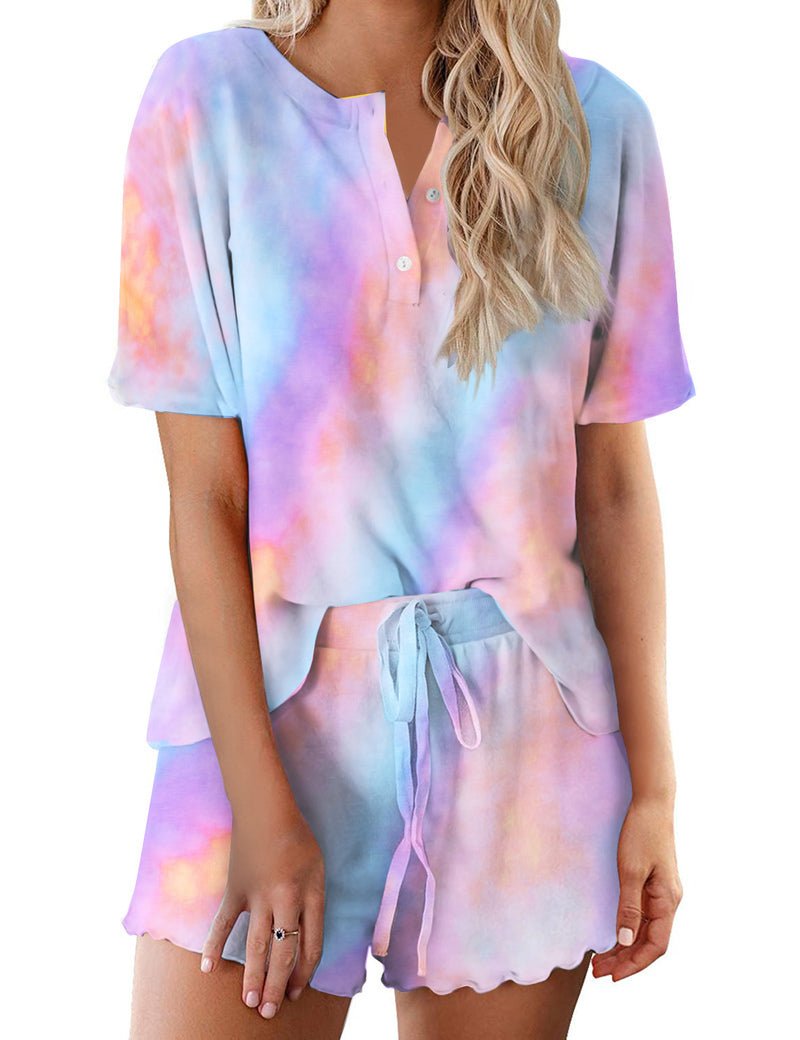 Tie Dye Pajamas Set for Women Short Sleeve Lounge Set