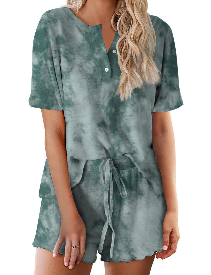 Tie Dye Pajamas Set for Women Short Sleeve Lounge Set