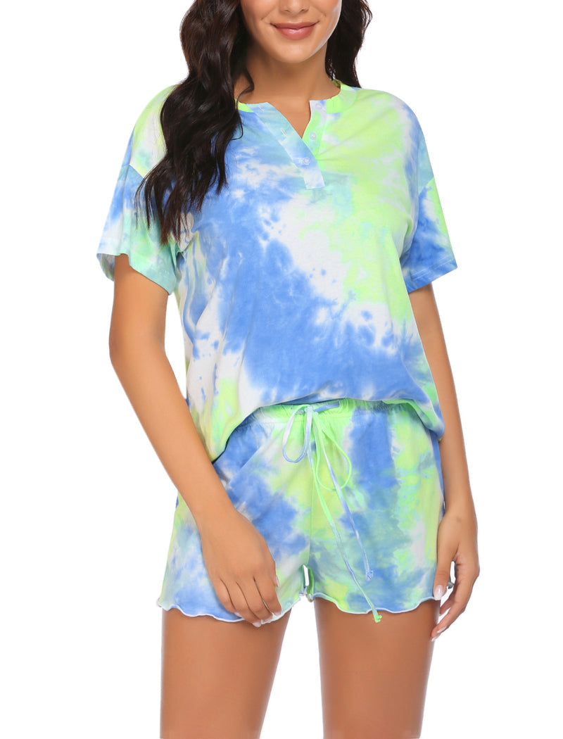 Tie Dye Pajamas Set for Women Short Sleeve Lounge Set
