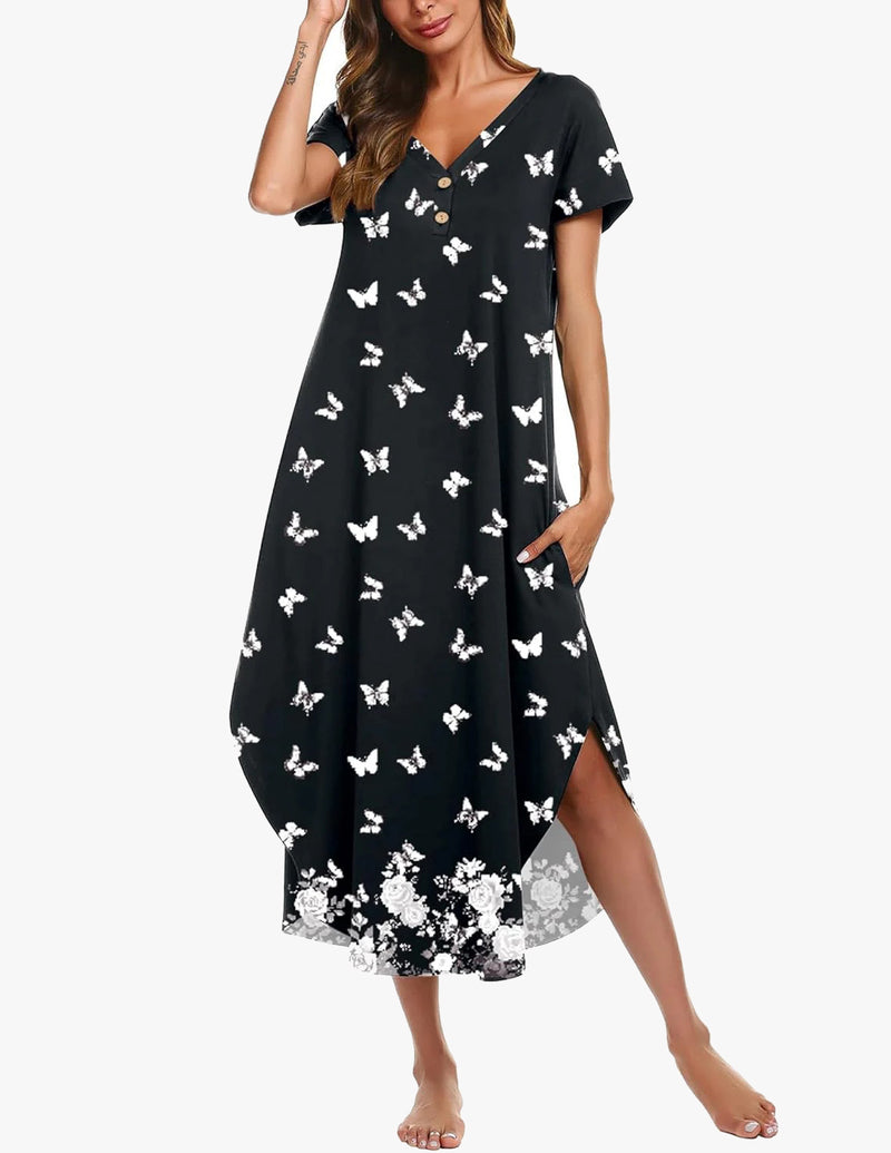 Long Nightgowns Button Short Sleeve Sleep Shirts