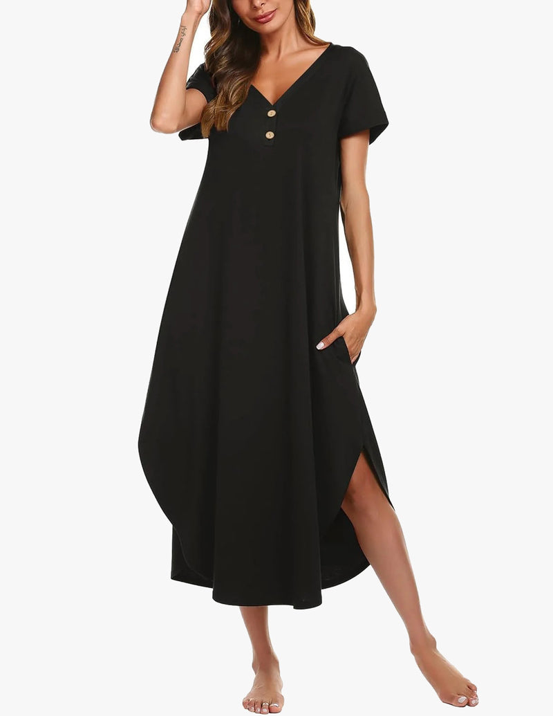 Long Nightgowns Button Short Sleeve Sleep Shirts