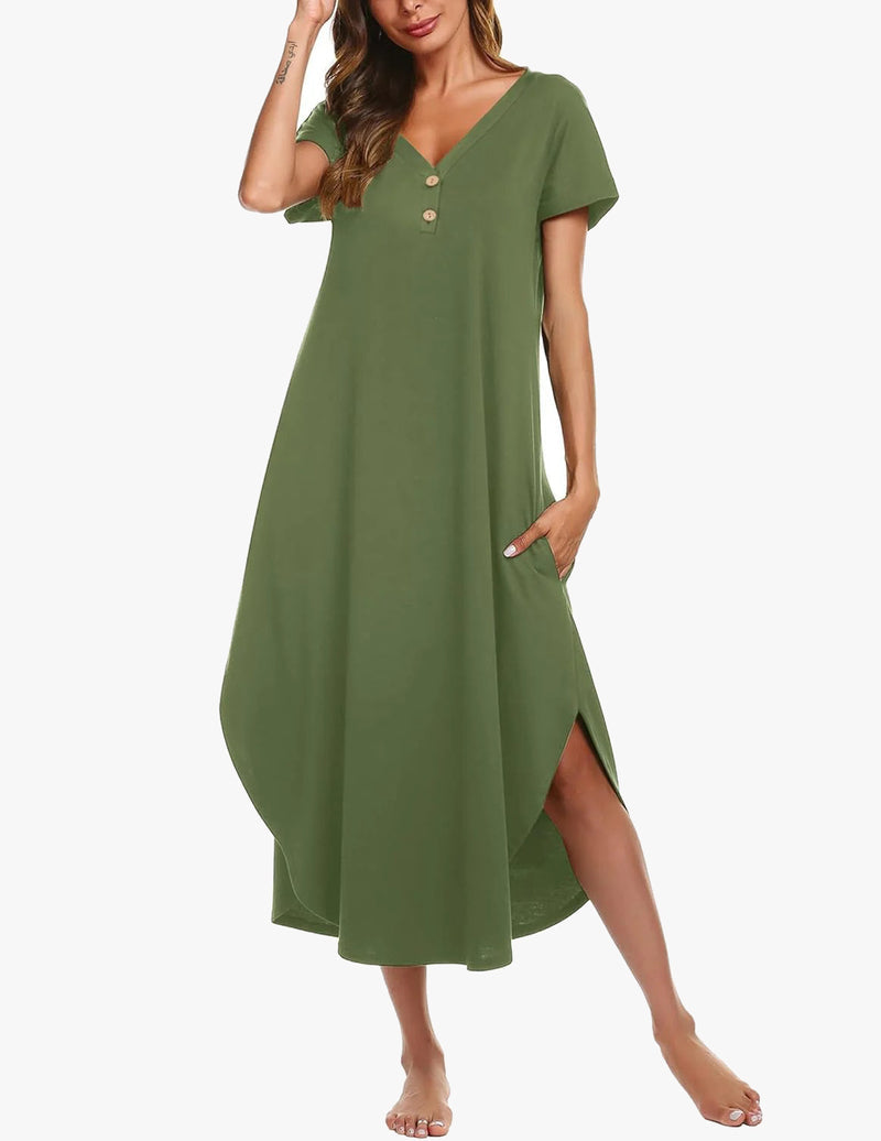 Long Nightgowns Button Short Sleeve Sleep Shirts