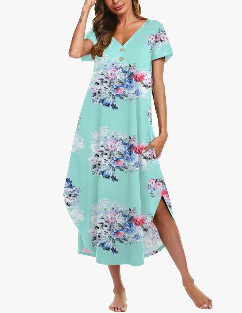 Long Nightgowns Button Short Sleeve Sleep Shirts
