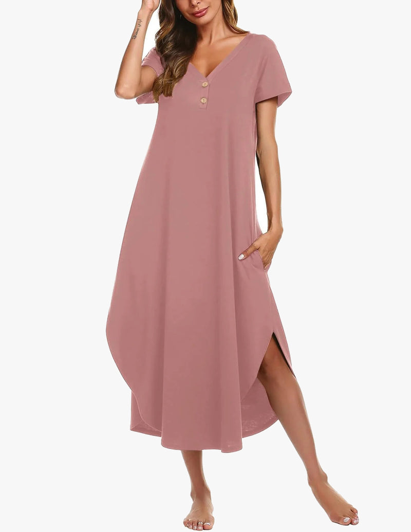 Long Nightgowns Button Short Sleeve Sleep Shirts