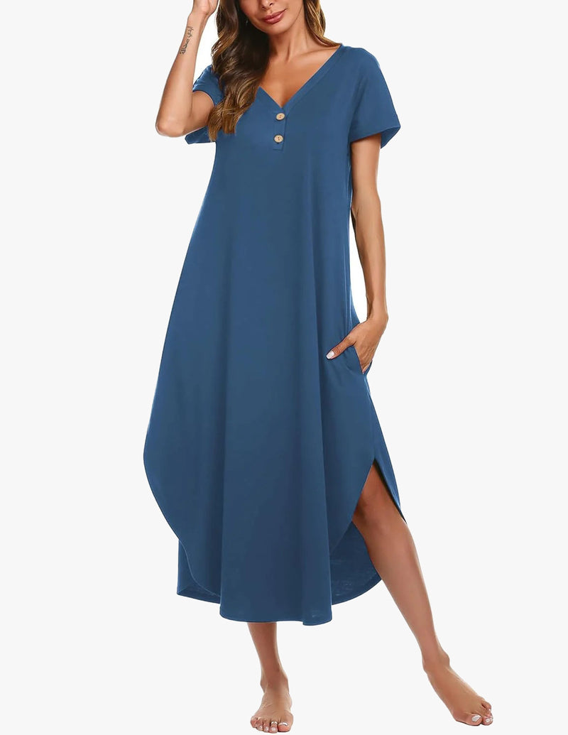 Long Nightgowns Button Short Sleeve Sleep Shirts