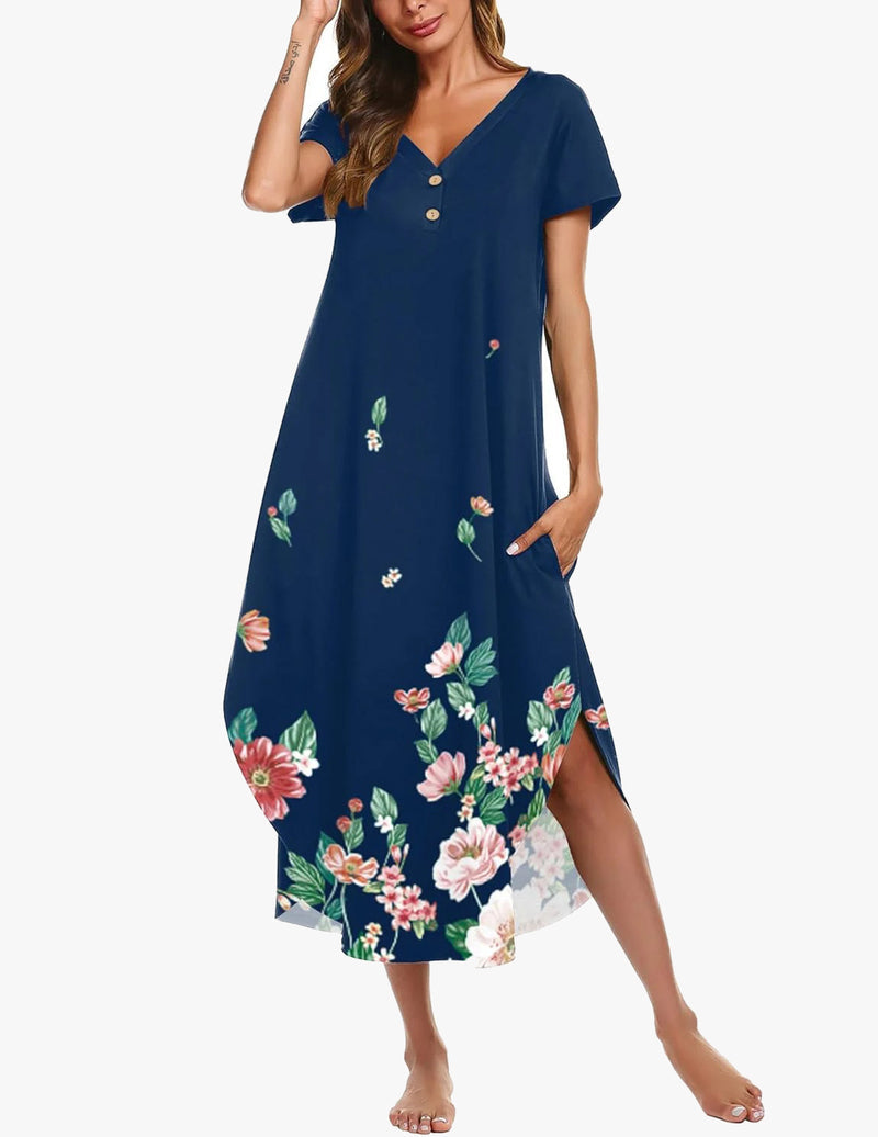 Long Nightgowns Button Short Sleeve Sleep Shirts