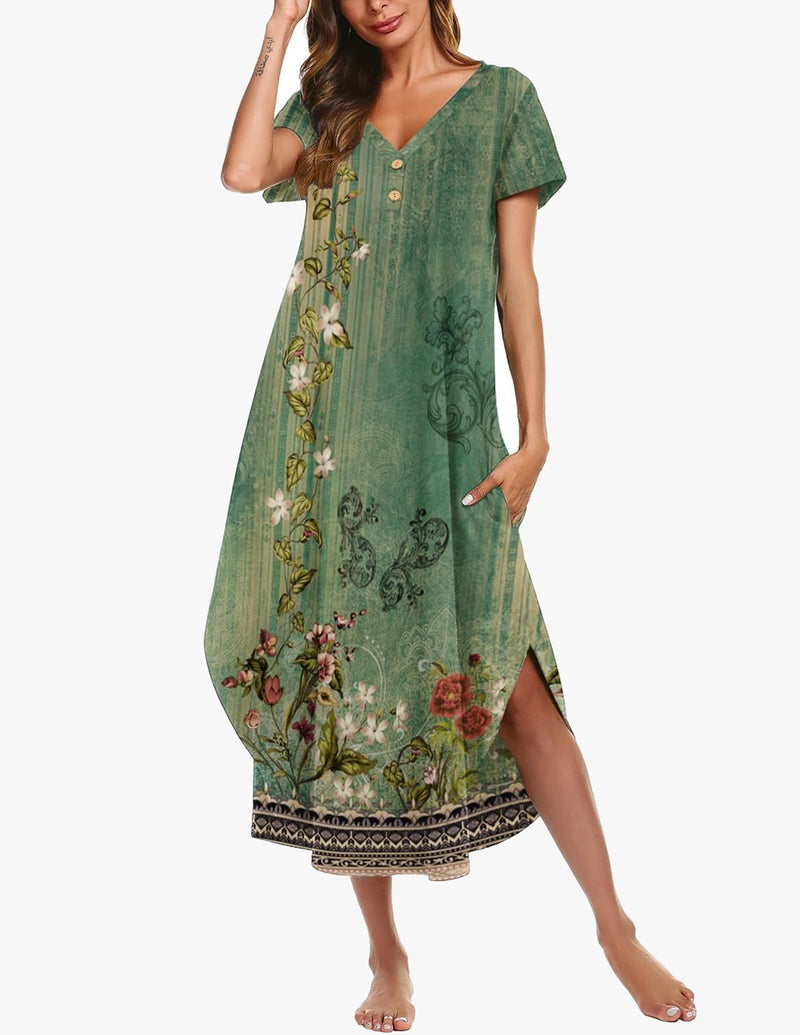 Long Nightgowns Button Short Sleeve Sleep Shirts
