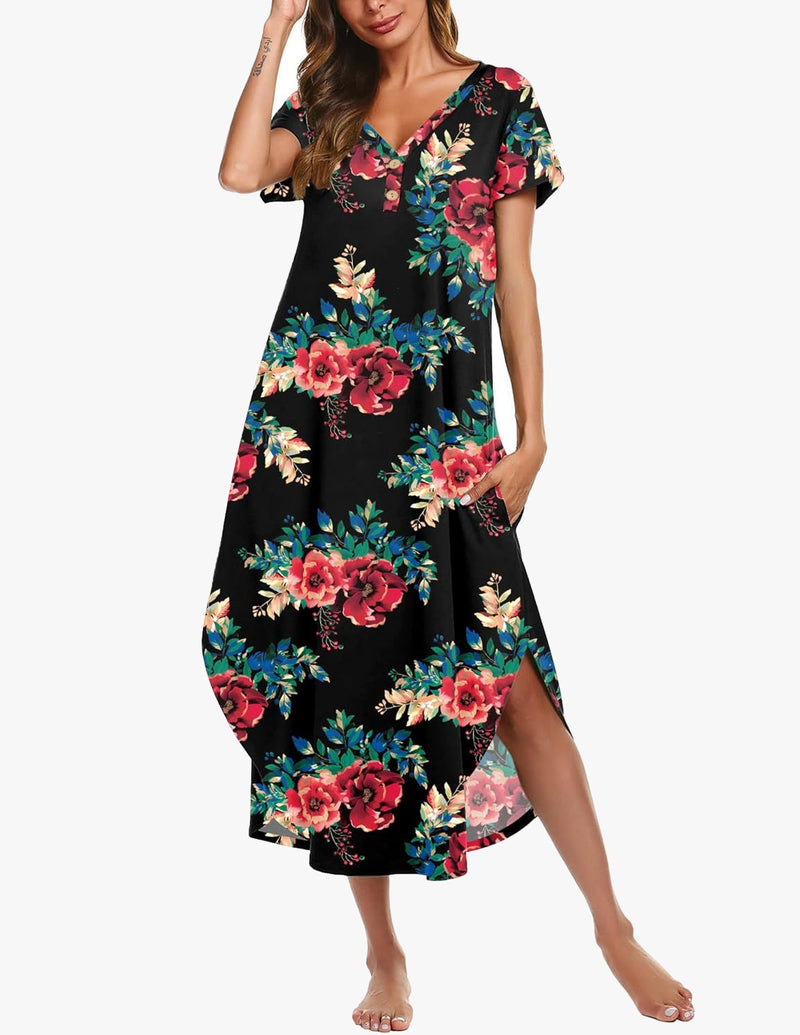 Long Nightgowns Button Short Sleeve Sleep Shirts