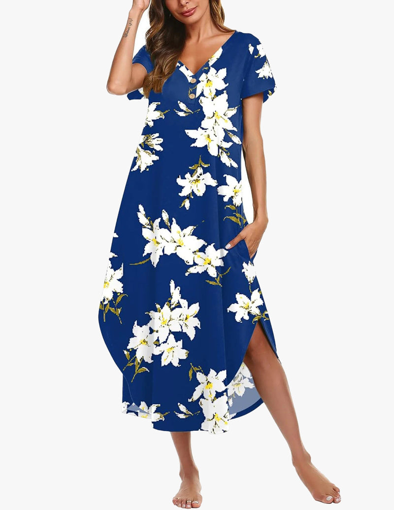 Long Nightgowns Button Short Sleeve Sleep Shirts
