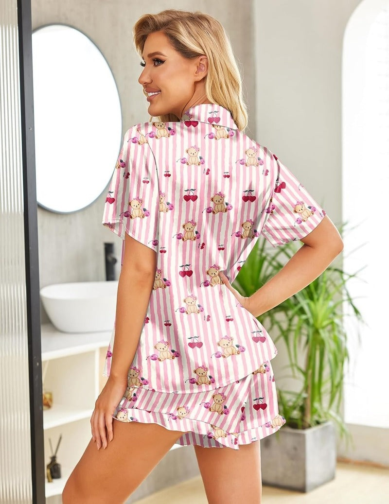 Teddy Satin Pajamas Set 2 Piece Silk Pjs Set