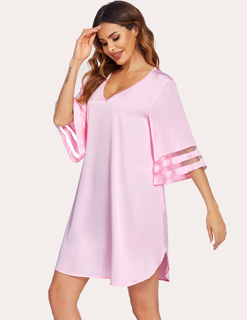 Mesh Panel Patchwork 3/4 Sleeve Mini Dress (US Only)