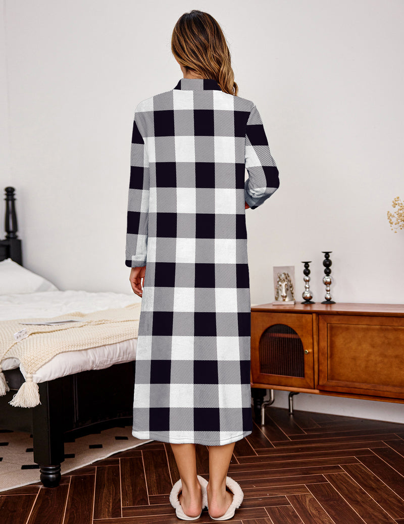 Zipper Robe Fleece Long Sleeves Bathrobe Warm Soft Housecoat