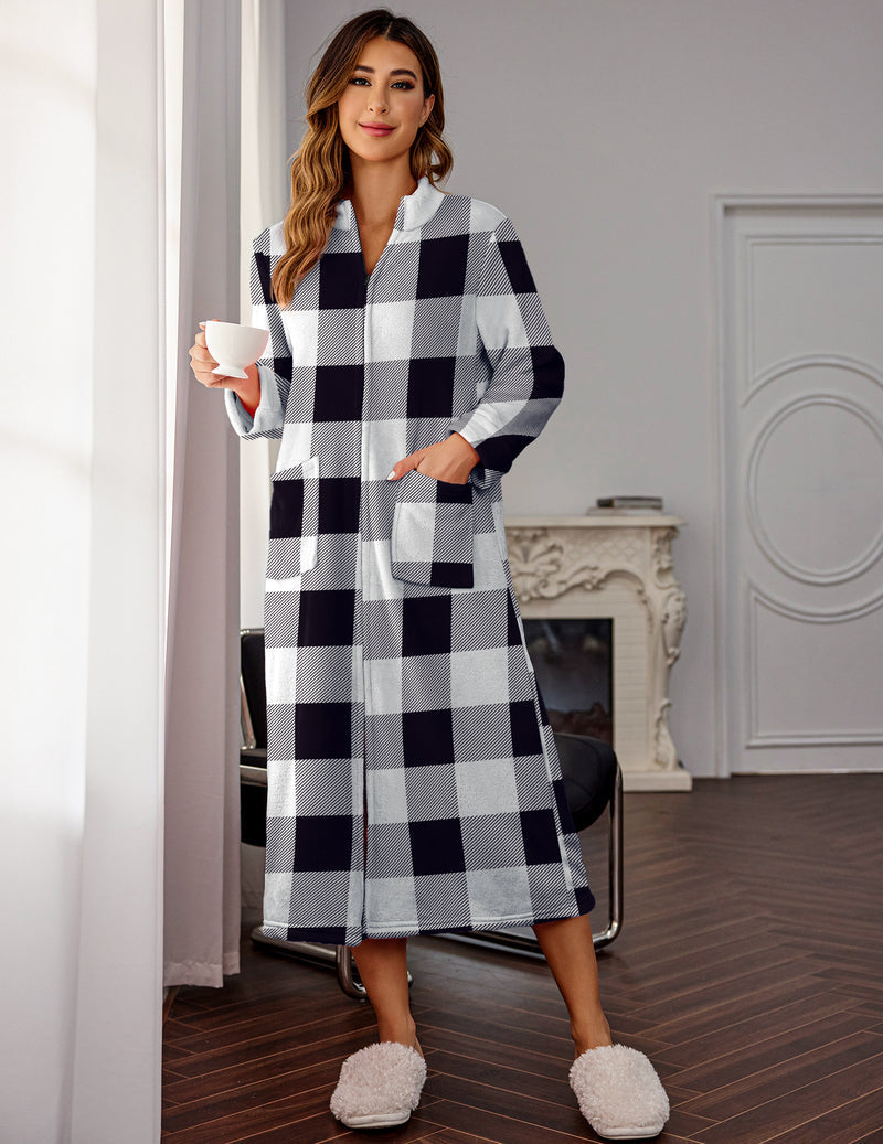 Zipper Robe Fleece Long Sleeves Bathrobe Warm Soft Housecoat
