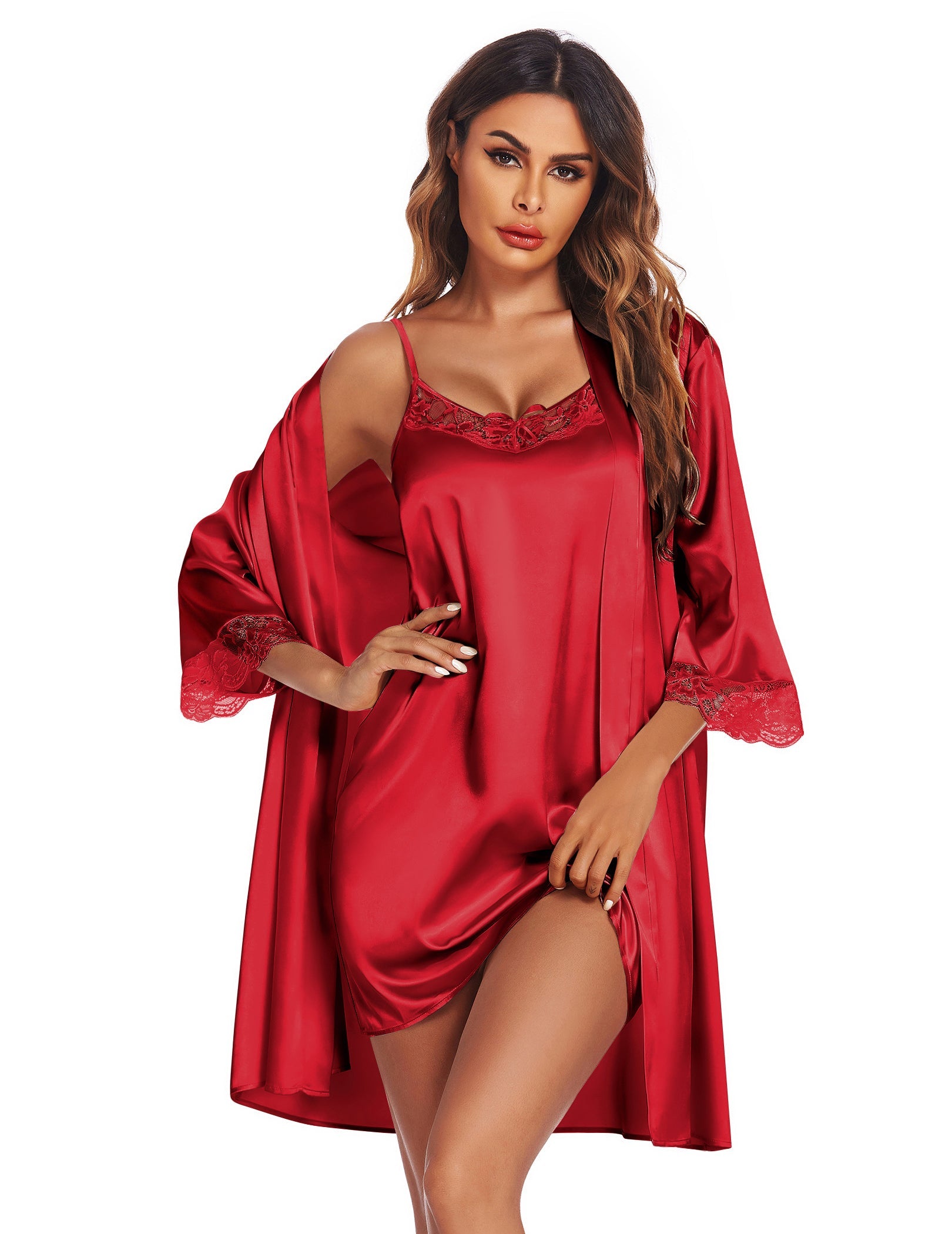 Satin Pajamas Cami Nightdress with Robe (US Only)