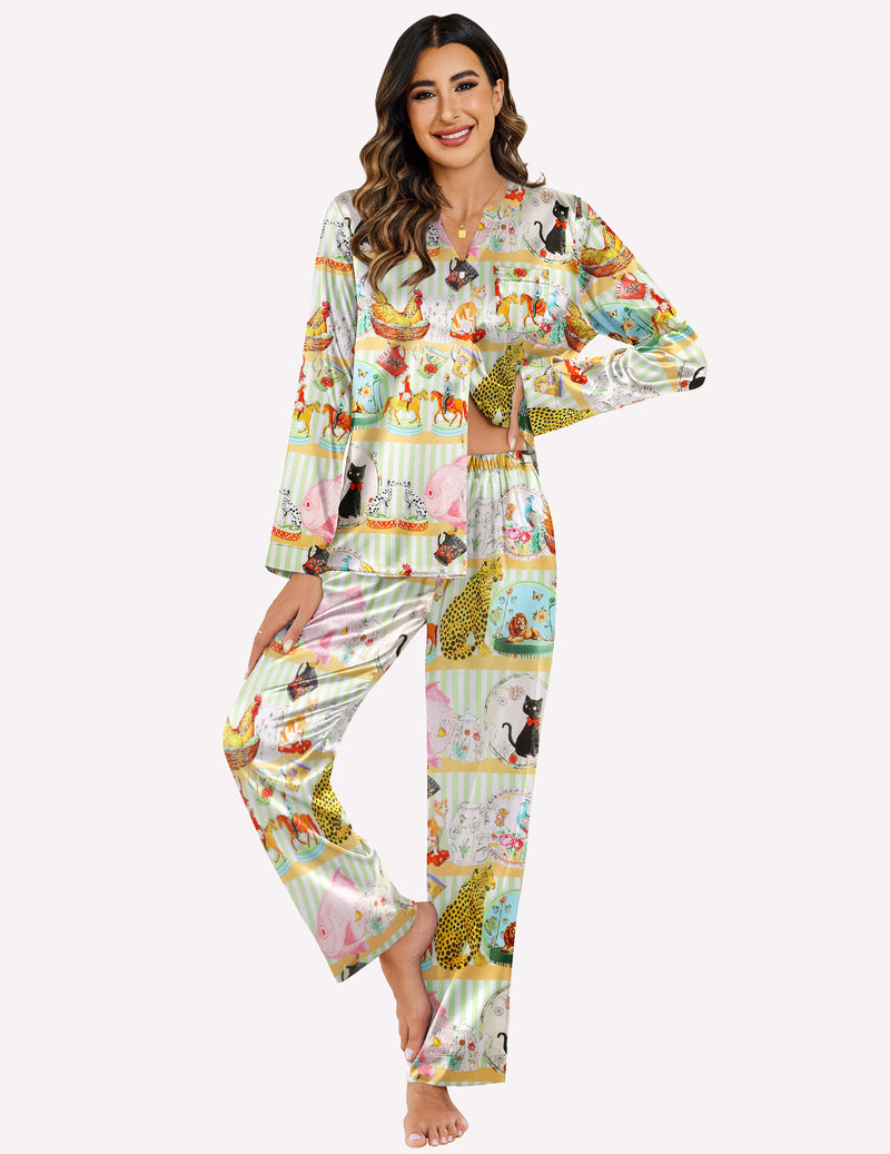 Satin Long Sleeve Button Down Pajamas Set (US Only)