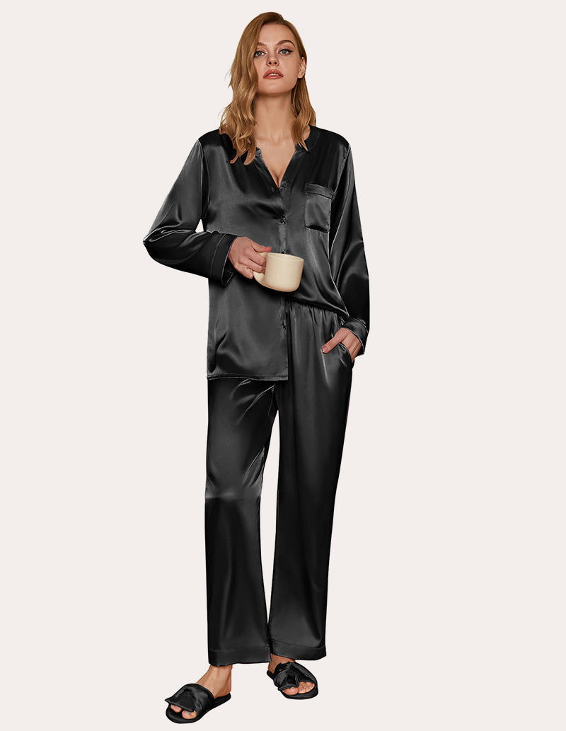 Satin Long Sleeve Button Down Pajamas Set (US Only)