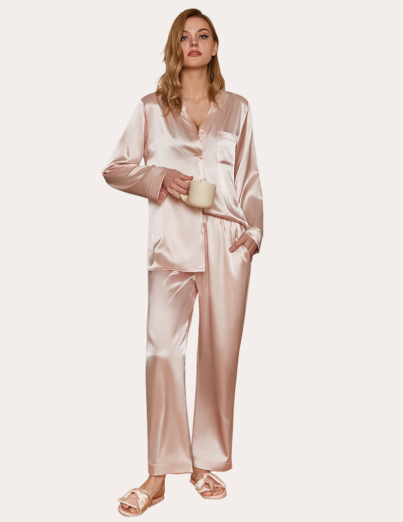 Satin Long Sleeve Button Down Pajamas Set (US Only)