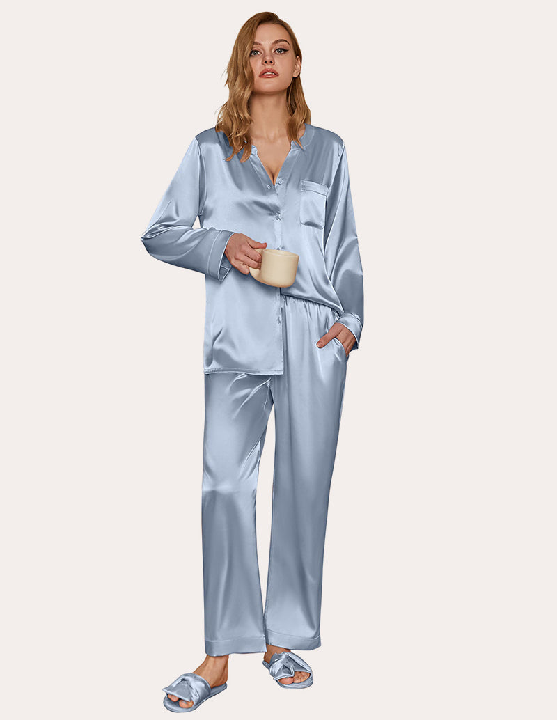 Satin Long Sleeve Button Down Pajamas Set (US Only)