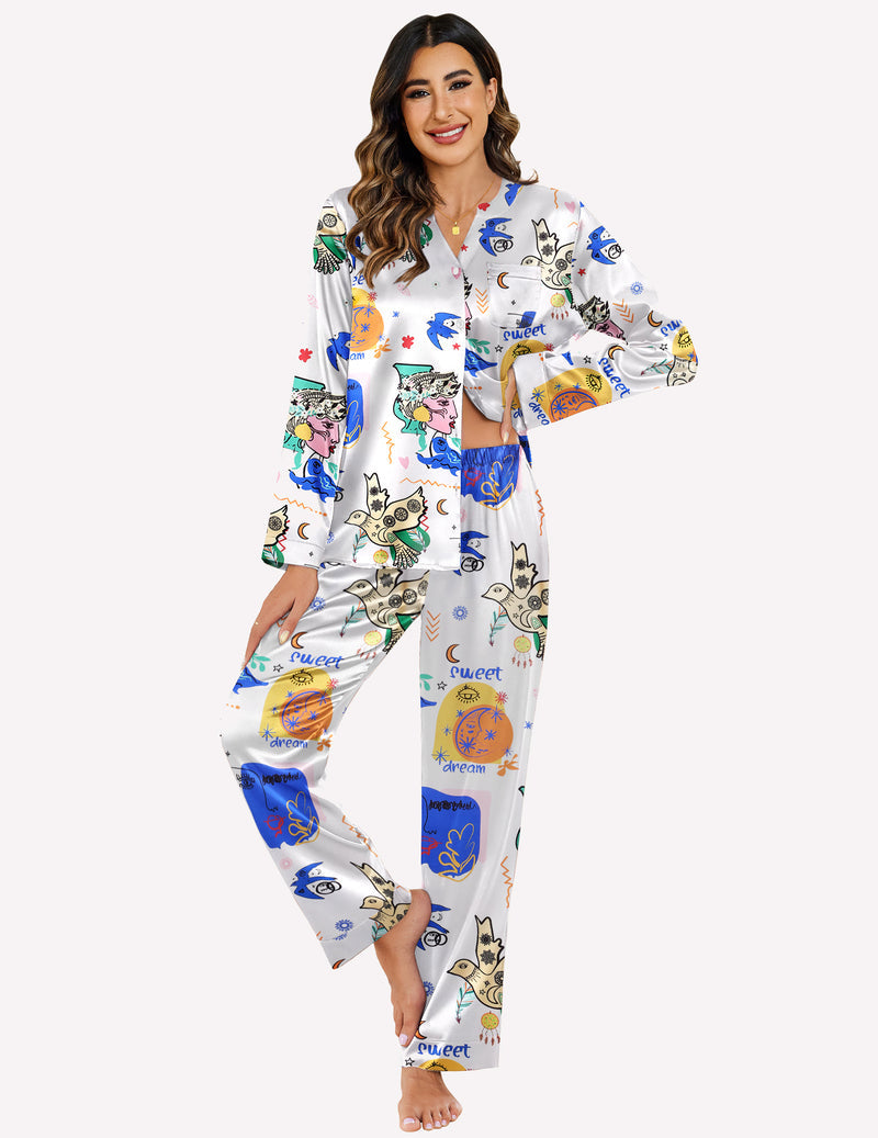 Satin Long Sleeve Button Down Pajamas Set (US Only)