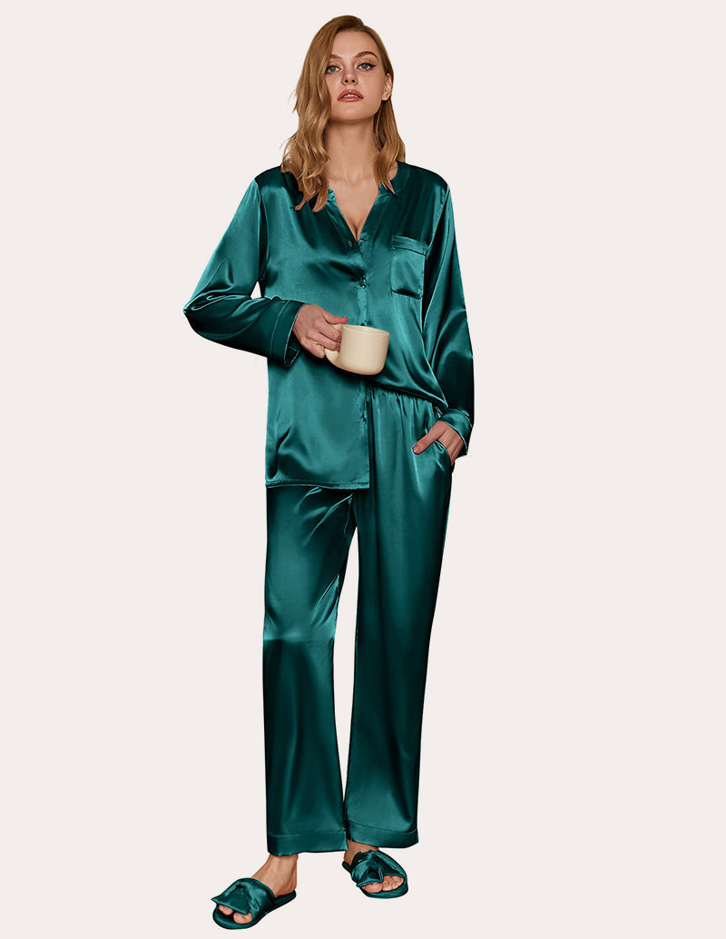 Satin Long Sleeve Button Down Pajamas Set (US Only)