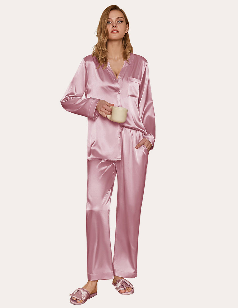 Satin Long Sleeve Button Down Pajamas Set (US Only)