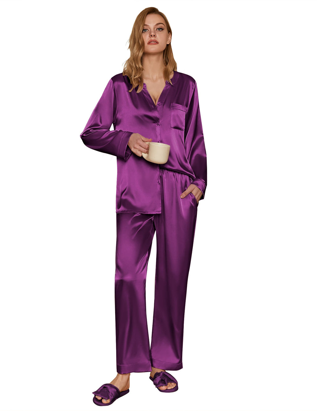 Satin Long Sleeve Button Down Pajamas Set (US Only)