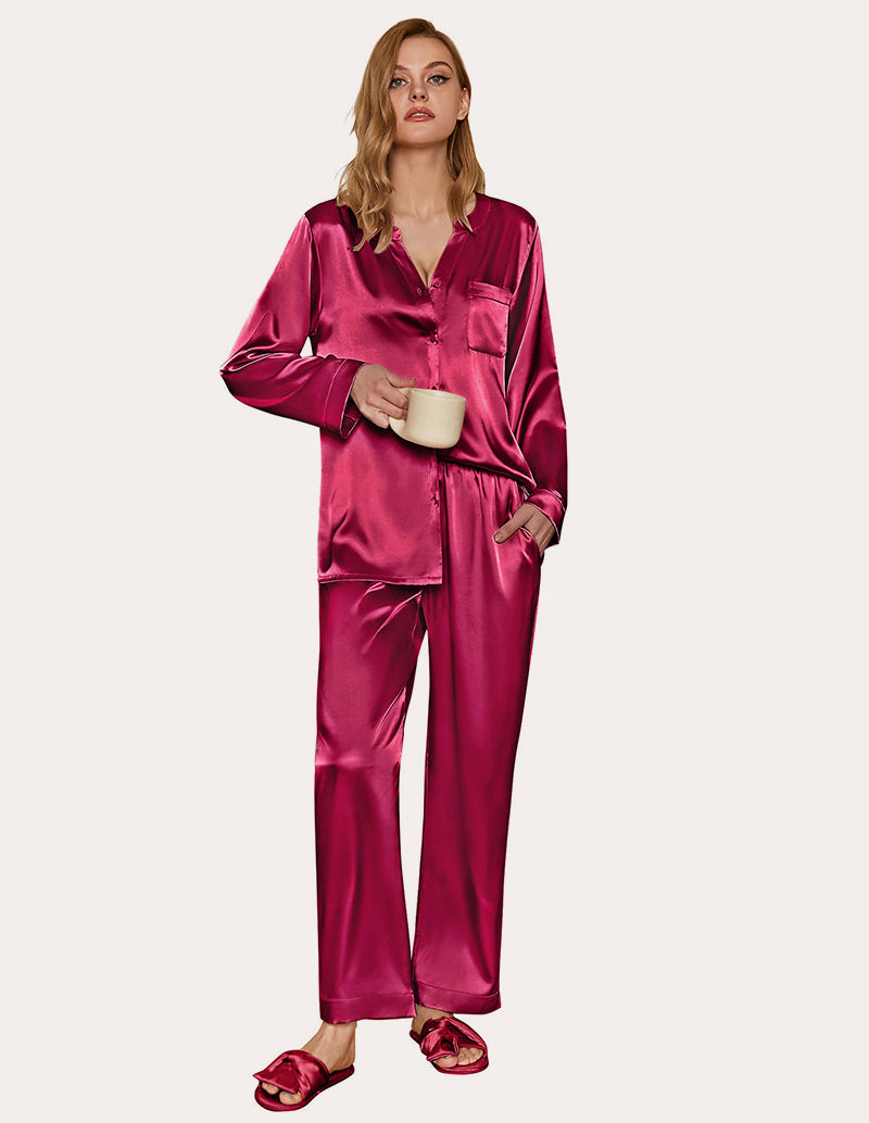 Satin Long Sleeve Button Down Pajamas Set (US Only)