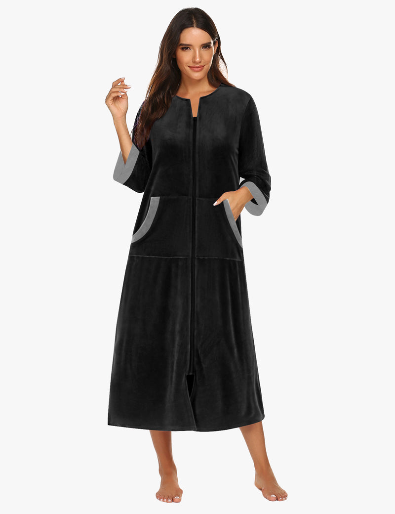 Velour Zipper Robe 3/4 Sleeves Housecoat with Pockets