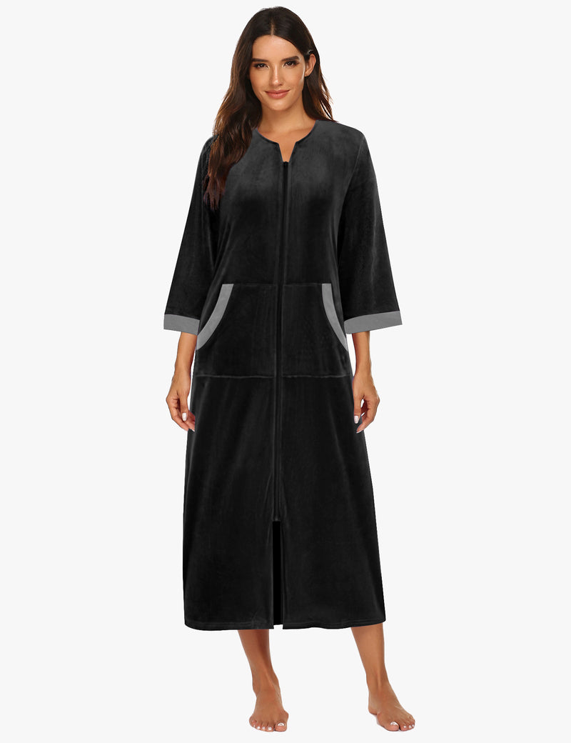 Velour Zipper Robe 3/4 Sleeves Housecoat with Pockets
