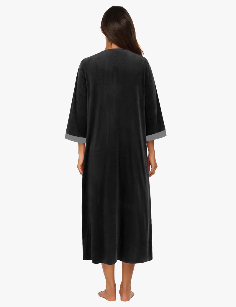 Velour Zipper Robe 3/4 Sleeves Housecoat with Pockets