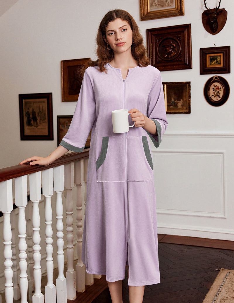 Velour Zipper Robe 3/4 Sleeves Housecoat with Pockets