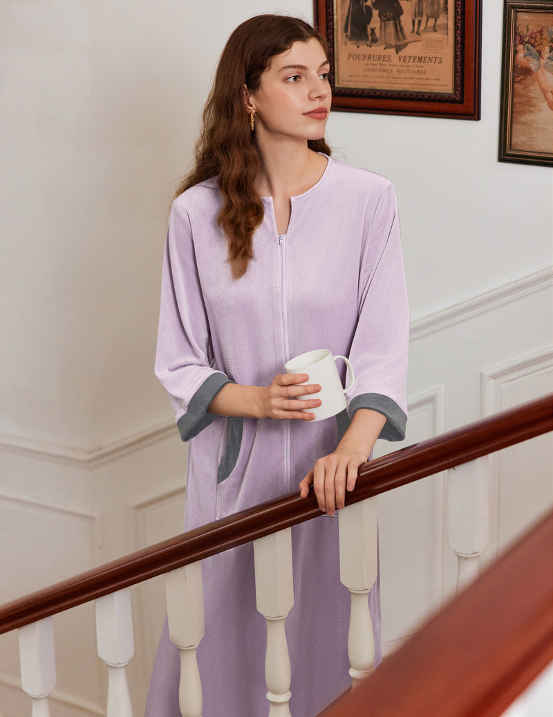 Velour Zipper Robe 3/4 Sleeves Housecoat with Pockets