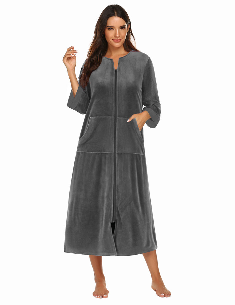 Velour Zipper Robe 3/4 Sleeves Housecoat with Pockets