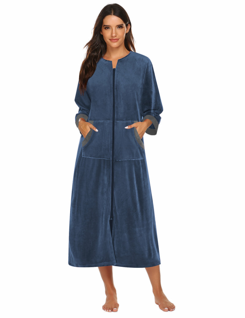Velour Zipper Robe 3/4 Sleeves Housecoat with Pockets