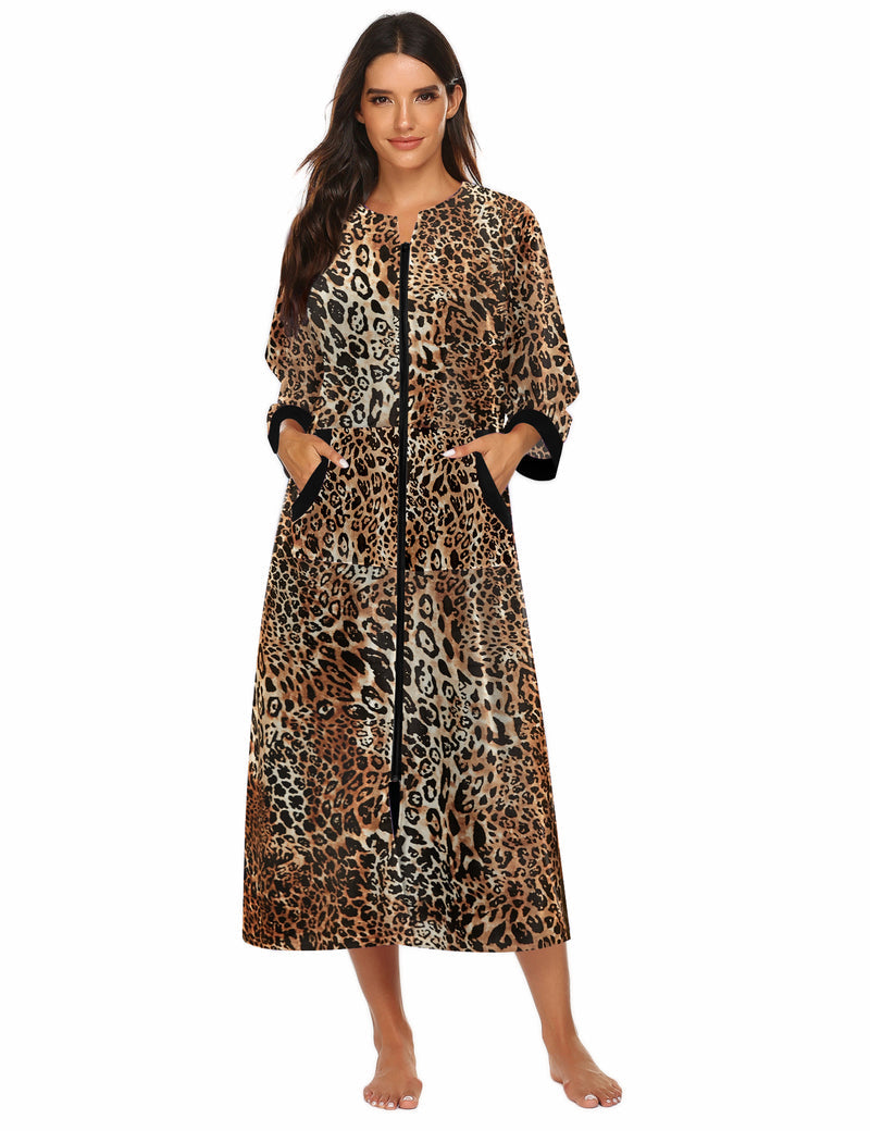 Velour Zipper Robe 3/4 Sleeves Housecoat with Pockets
