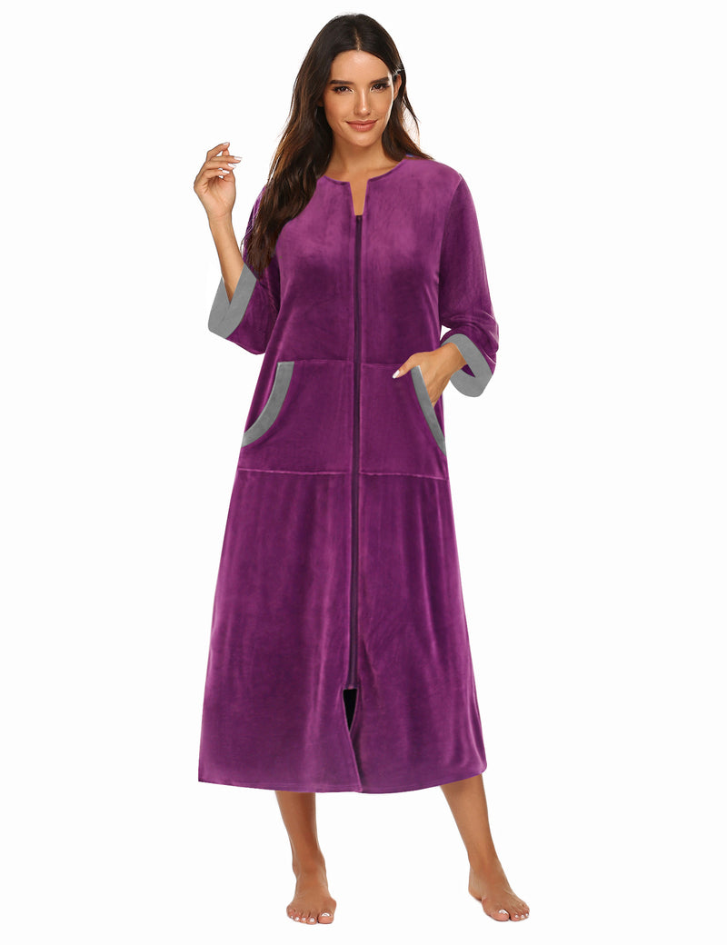 Velour Zipper Robe 3/4 Sleeves Housecoat with Pockets